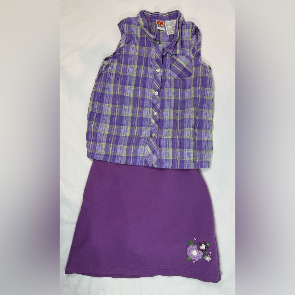 Vintage girls two piece set floral skort plaid button up top y2k 90s